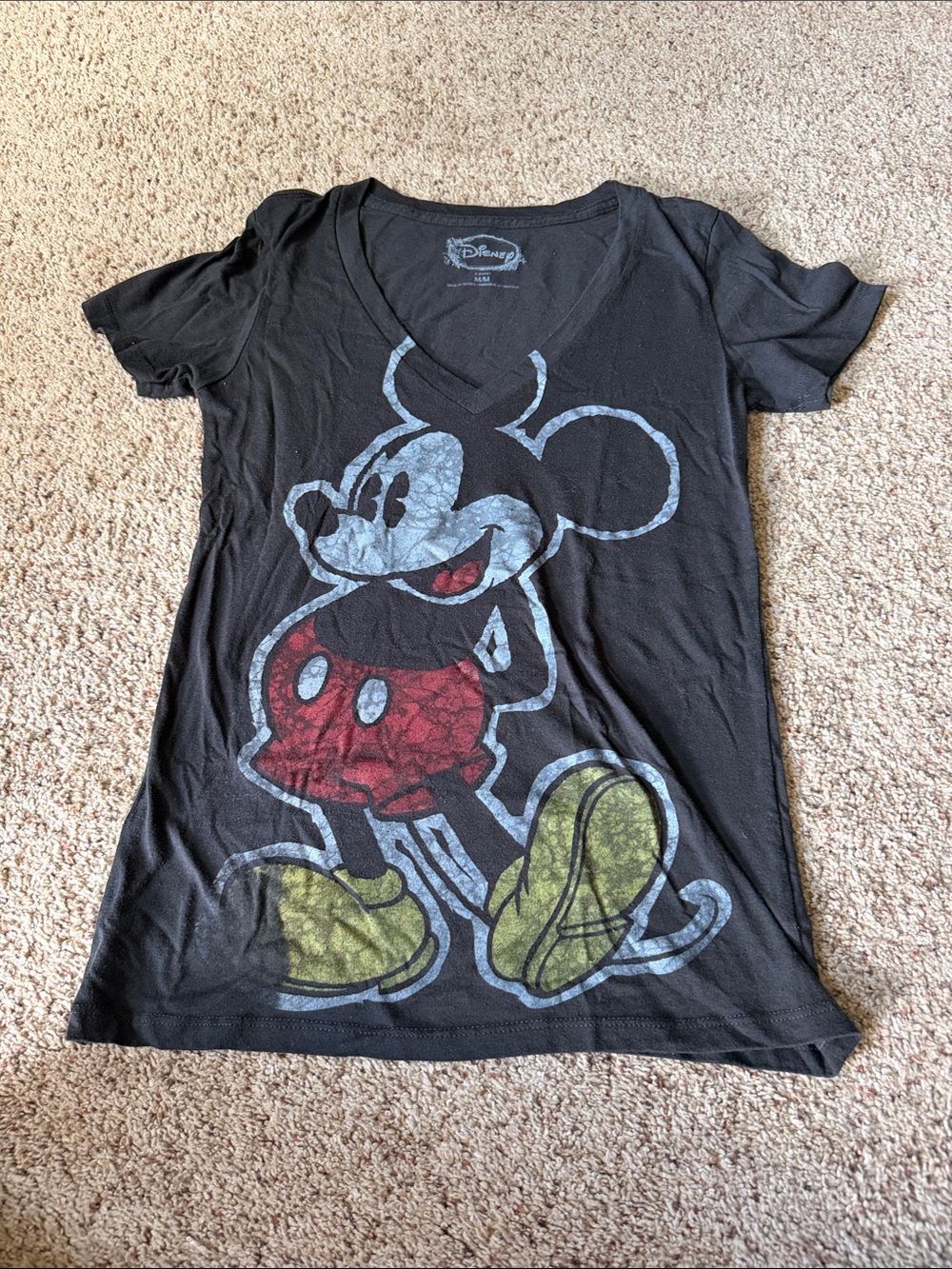 Disney Black V-Neck Mickey Mouse Graphic Tee with Red and Yellow Print